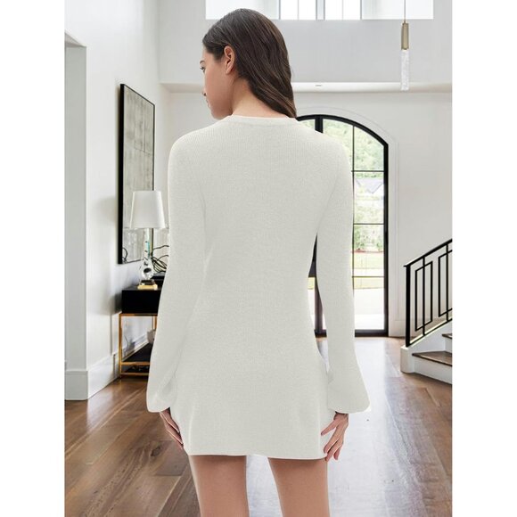 Women Spring Fall Winter Casual Sweater Dress Crew Neck Beige Dress Knit - Picture 2 of 6